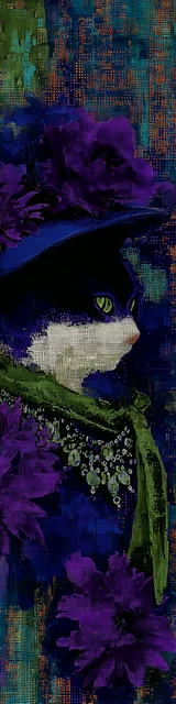 Cat bookmarks illustration of a hazy purple and green cat bookmark